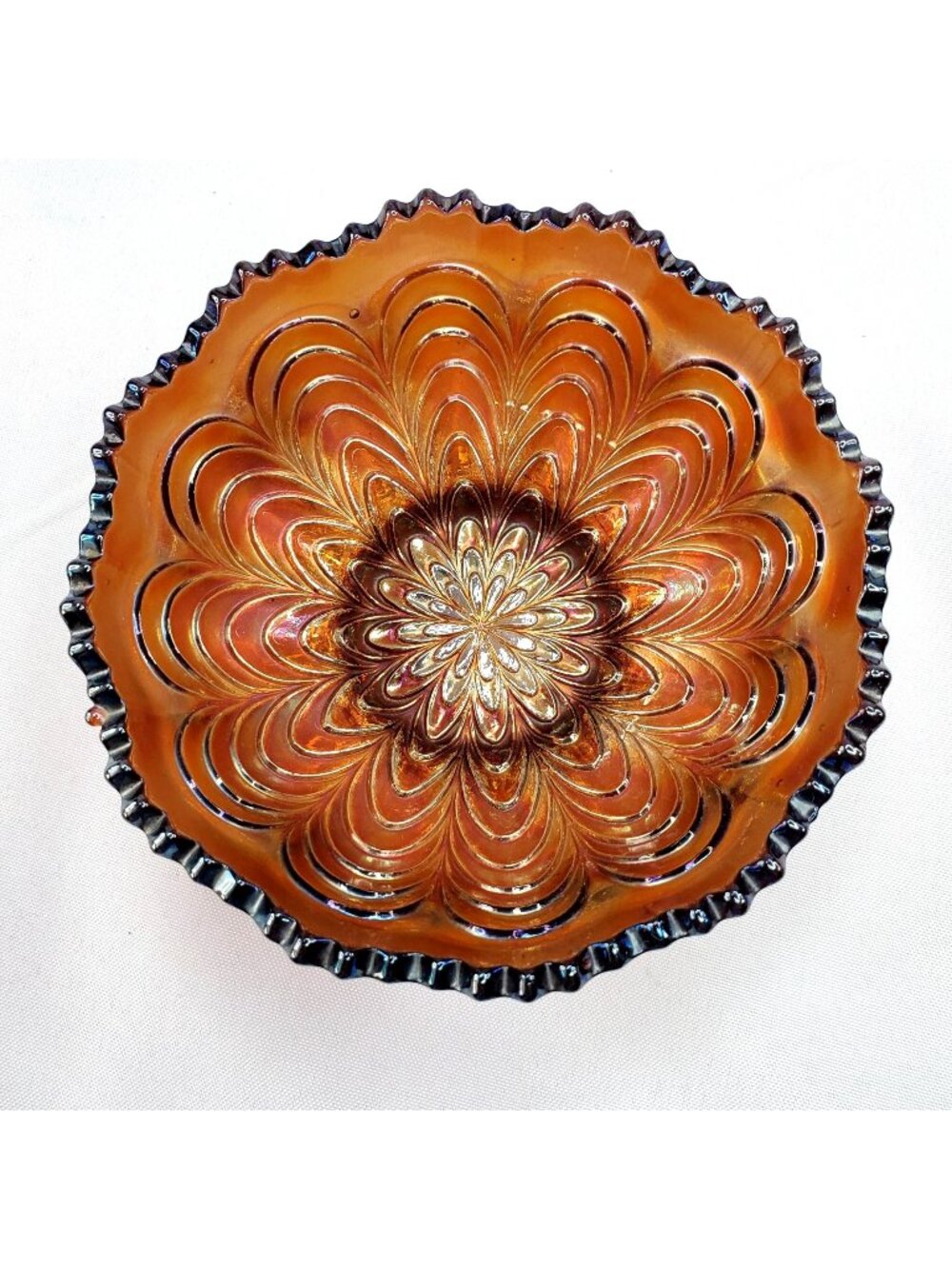Fenton Amethyst "Peacock Tail" Bowl Carnival Glass 4.5" Scalloped Iridescent